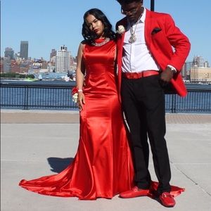 Customized, red silk prom dress | Open sides